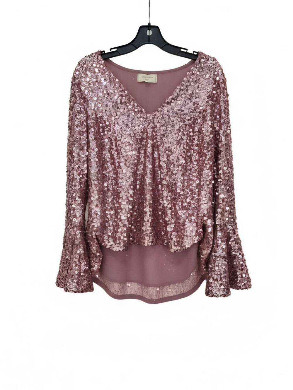 Anthropologie Moulinette Soeurs Pink Sequin Bell Sleeve V-Neck Top Size 4